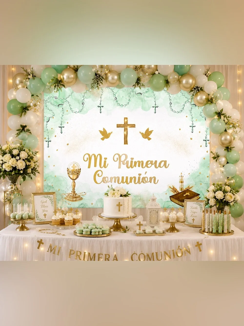 Mi Primera Comunión Green & Gold Backdrop - First Communion Party Decor 7x5ft